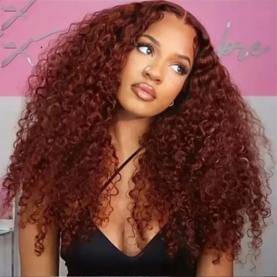 13x4 Lace Frontal Wig Jerry Curly Reddish Brown Color Human Hair Wigs Pre Plucked